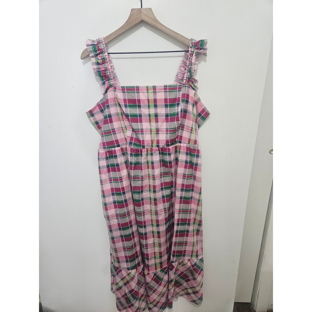 Torrid Pink Green Plaid Ruffle Strap Smocked Tiered Midi Dress Pockets Size 1 - Picture 1 of 8